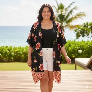 Speed Limit Open Poncho Kimono Women Plus 3X‎ Black Pink Floral Dolman Sleeves